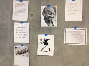 An activity from Katie Zanoni's PEAC 102 class, San Diego City College, 2013. Students brought in images or quotes that embodied the essence of nonviolence for them.